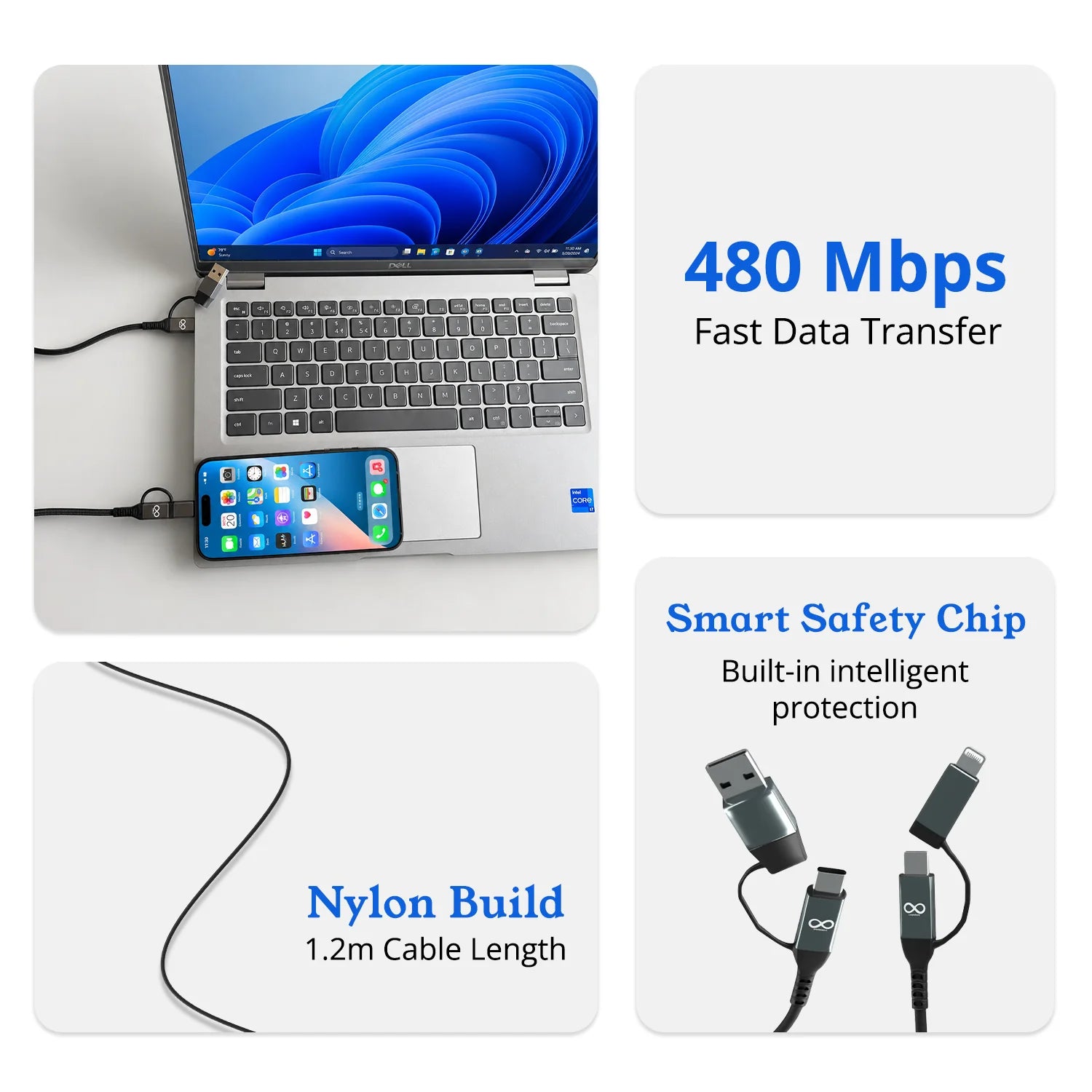 100W 4-in-1 Nylon Braided Fast Charging Cable