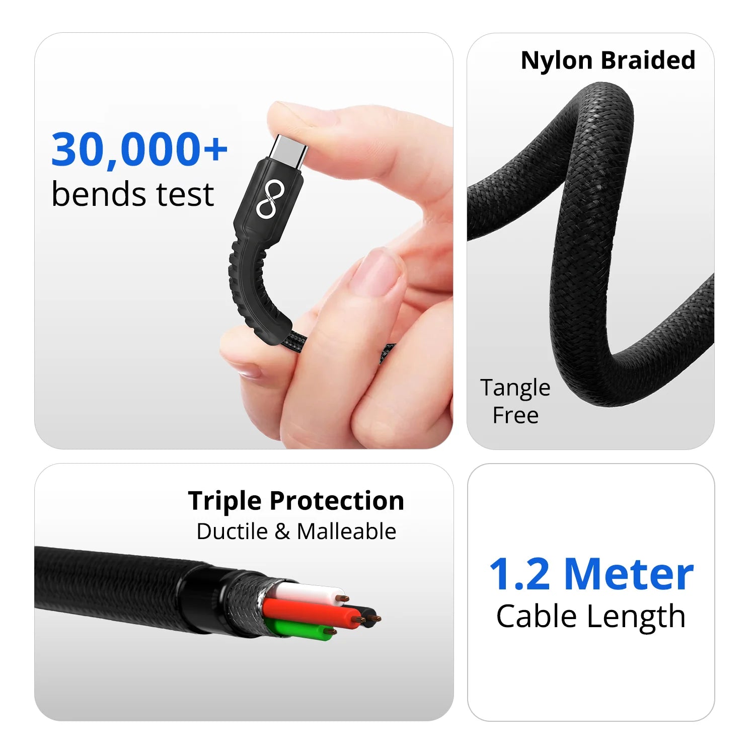 PD 100W Type C to Type C Nylon Braided Fast Charging Cable With tested 30000 bends