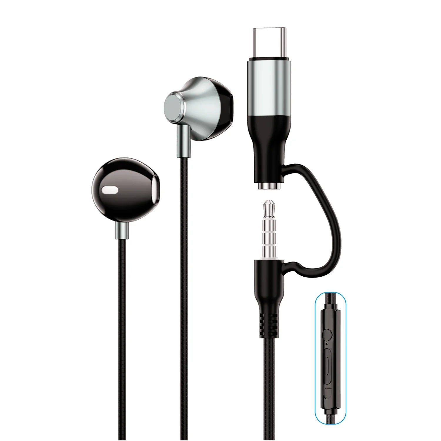 2in1 Earphones Supports TypeC & 3.5MM Pin With 1.2M Wire Length & Metallic Earpiece