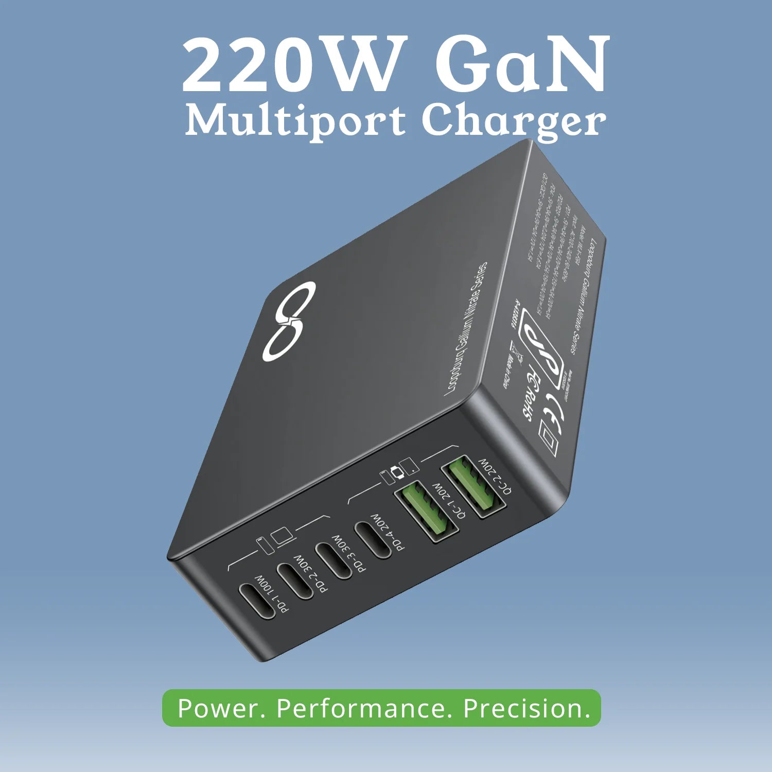220W GaN Multiport With 1.5M Cable 4 Pd & 2 Usb Ports With Laptop Charging Compatibility